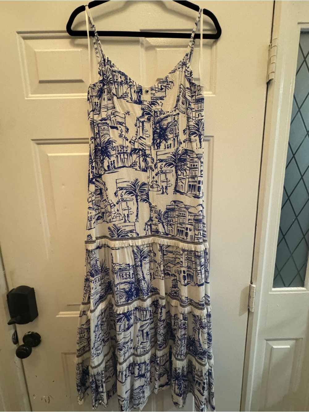 Aqua White and Blue Printed Spaghetti-Strap Maxi Dress